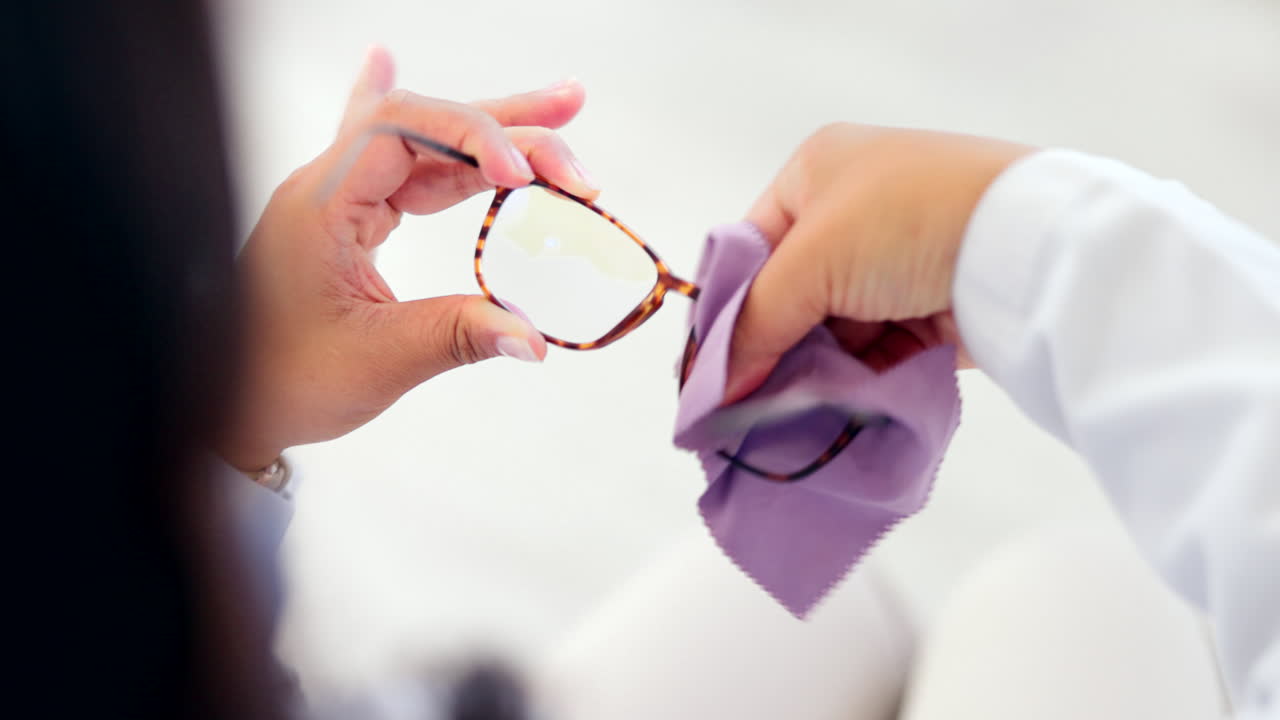 Hands, glasses and cleaning with an optician woman