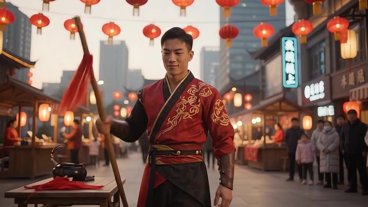 Young Man in Traditional Chinese Attire Performing Martial Arts with Staff