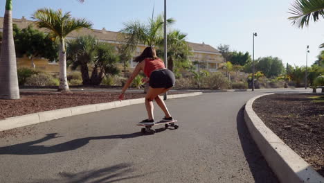 a young girl's leisurely ride on her longboard along the beach road is beautifully depicted in slow motion against the backdrop of palm trees