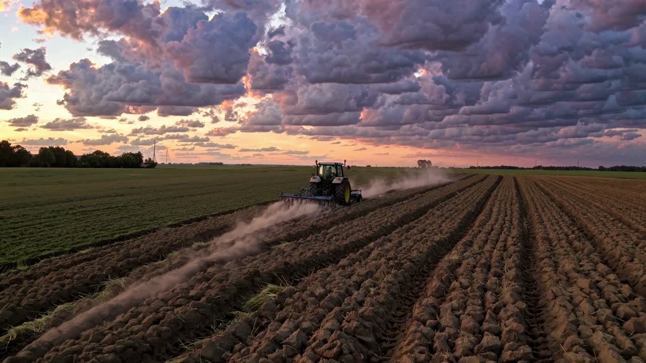 Aerial view of a tractor plowing a vast field at sunset, capturing dramatic clouds