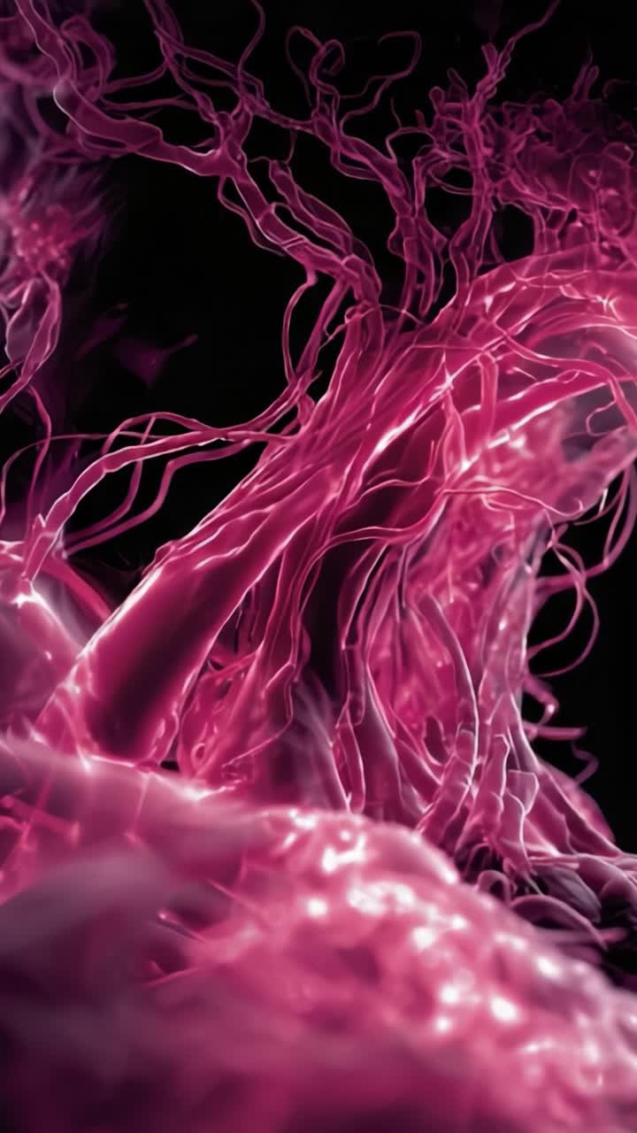 Intricate strutture molecolari emergono in vivaci tonalità di rosa, mostrando le dinamiche degli elementi organici in una straordinaria esposizione visiva.