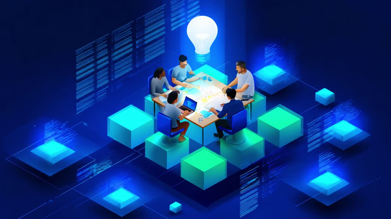 A Collaborative Team Meeting Focused on Innovative Ideas with a Central Light Bulb Symbolizing Creativity and Problem Solving in a Modern Digital Environment