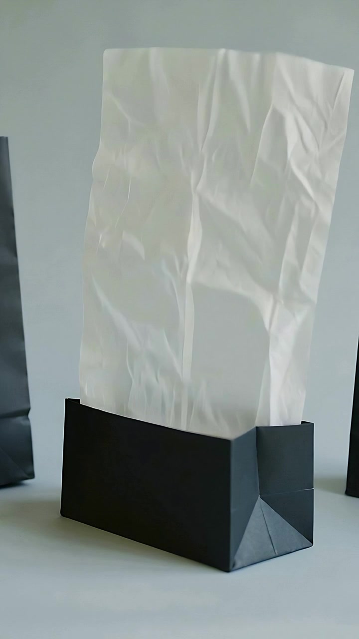 Vertical video: Pulling white tissue from black box on table after tug, rising, falling with bags