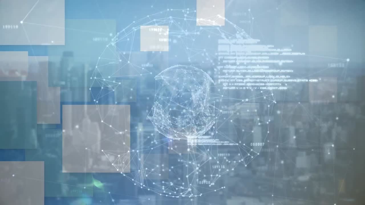 광장, 연결 네트워크 및 도시 풍경 위에 회전하는 지구의 애니메이션