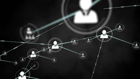 red de iconos de usuarios conectados y animación de intercambio de datos sobre fondo oscuro