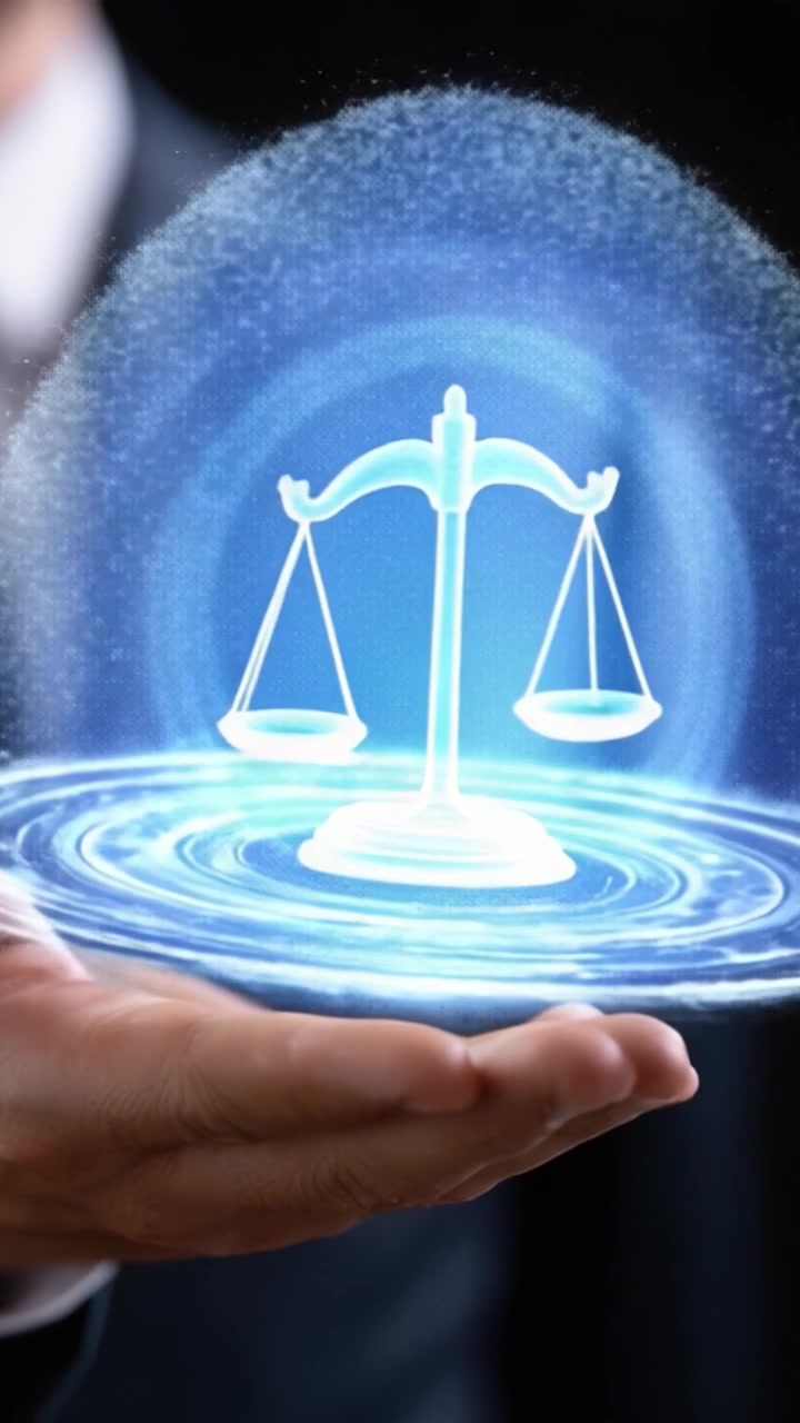 Una persona che tiene una bilancia della giustizia luminosa sopra una luce blu vorticosa, rappresentando equità ed equilibrio in questioni legali e decisioni etiche