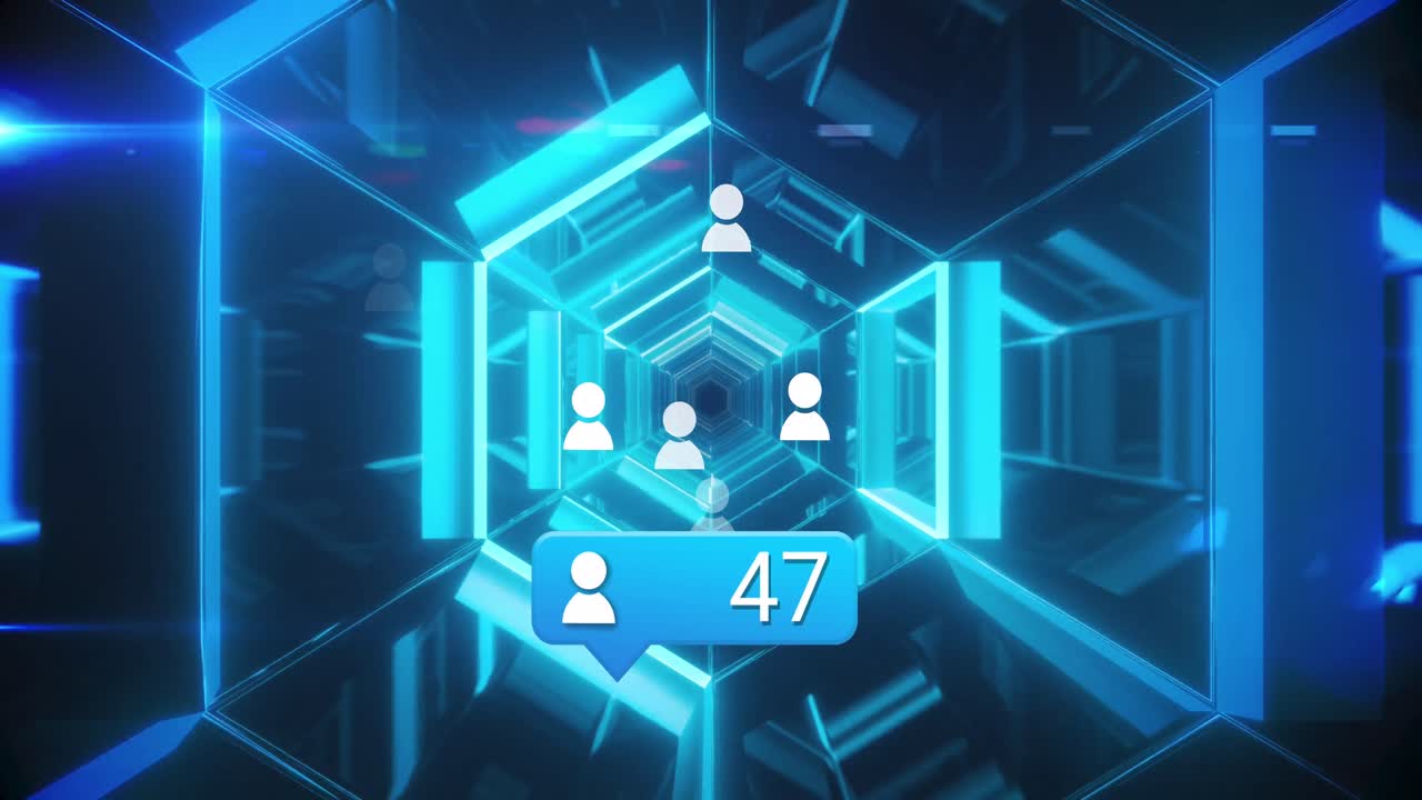 animación de las reacciones de las redes sociales sobre un túnel hecho de luces de neón en movimiento