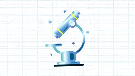 animation of a microscope with blue grid on a white background