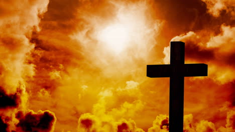 animation of christian cross over sun shining on orange sky with clouds