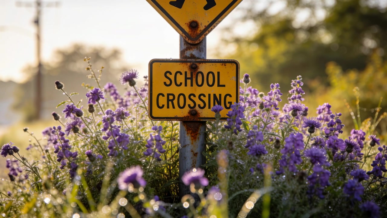 Cam framing yellow SCHOOL CROSSING sign on rusty pole roadside, sun on dew, purple flowers swaying