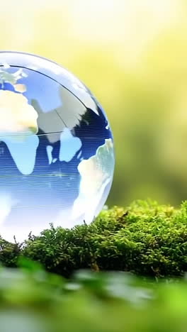 environmentally friendly globe on moss. a globe is resting on lush green moss, representing earth and its fragile ecosystem in a serene setting.