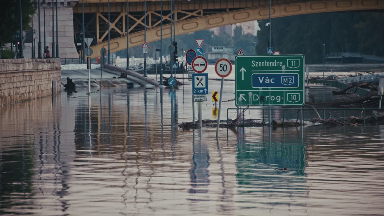 Road signs submerged in the Danube flood, Budapest 2024