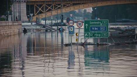road signs submerged in the danube flood, budapest 2024
