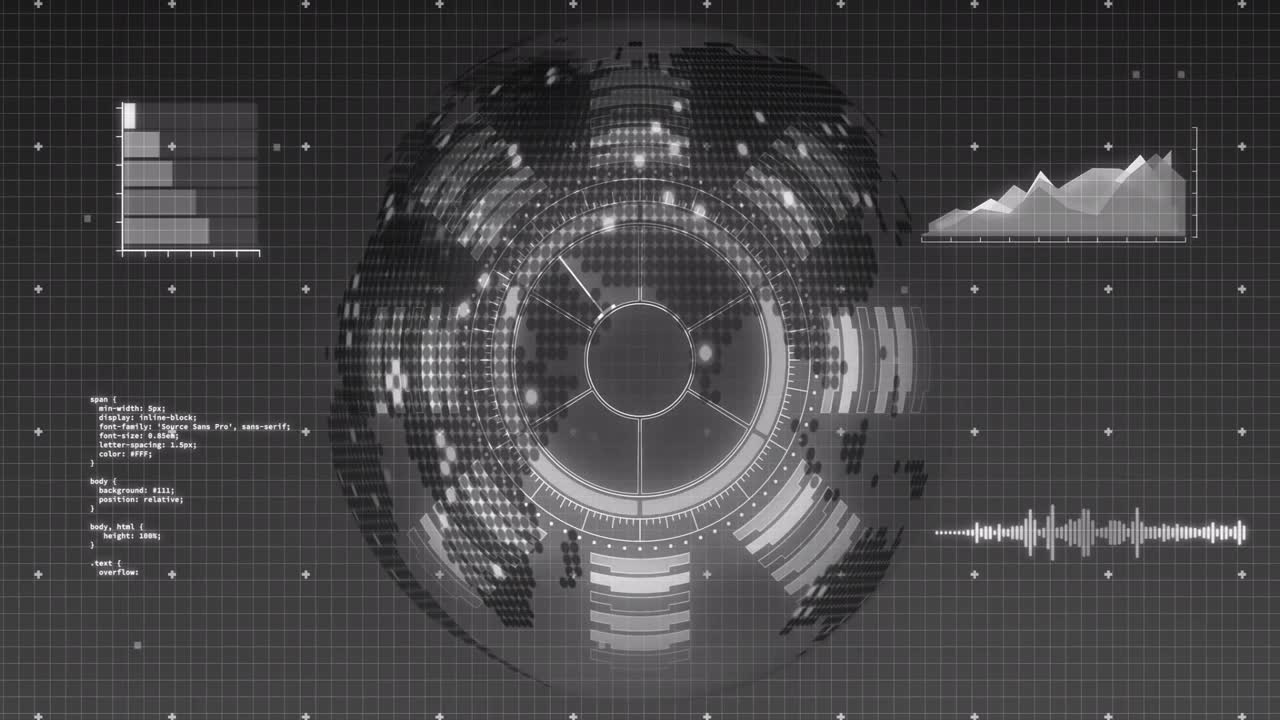 Grid interface starting globe rotating, charts rising, code updating, showing data trends