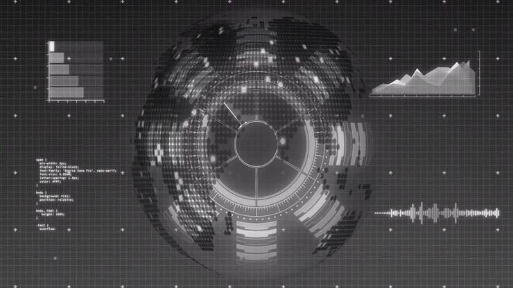 Grid interface starting globe rotating, charts rising, code updating, showing data trends