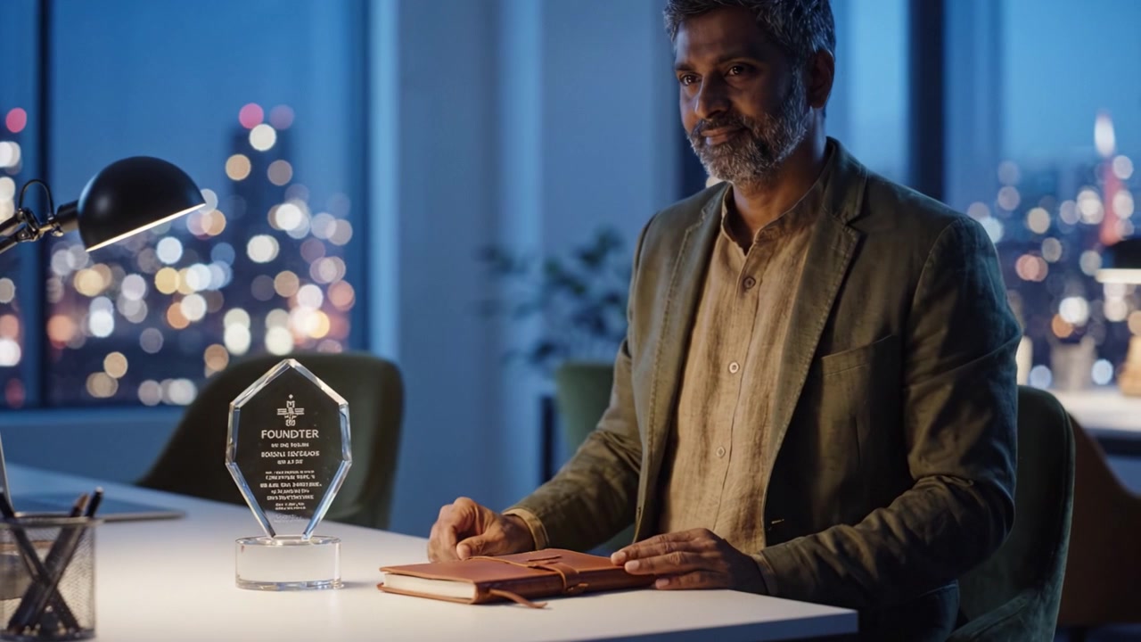 Celebrating Achievement: A Dedicated Founder Reflects on His Journey While Holding an Award at a Modern Desk with a City View at Night