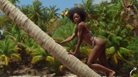 En-Un-Paraíso-Tropical,-Una-Chica-En-Bikini-Con-Cabello-Rizado-Disfruta-De-Una-Playa-De-Una-Isla-Caribeña-Apoyada-En-Un-árbol-Con-Cielos-Azules-Al-Fondo