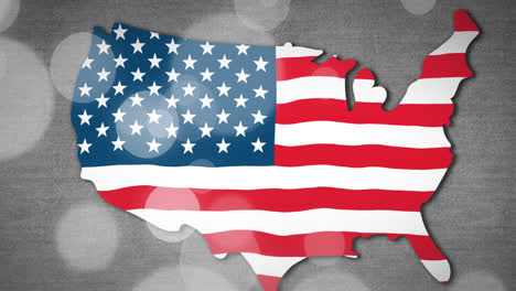 animation of dots over map with flag od usa on grey background