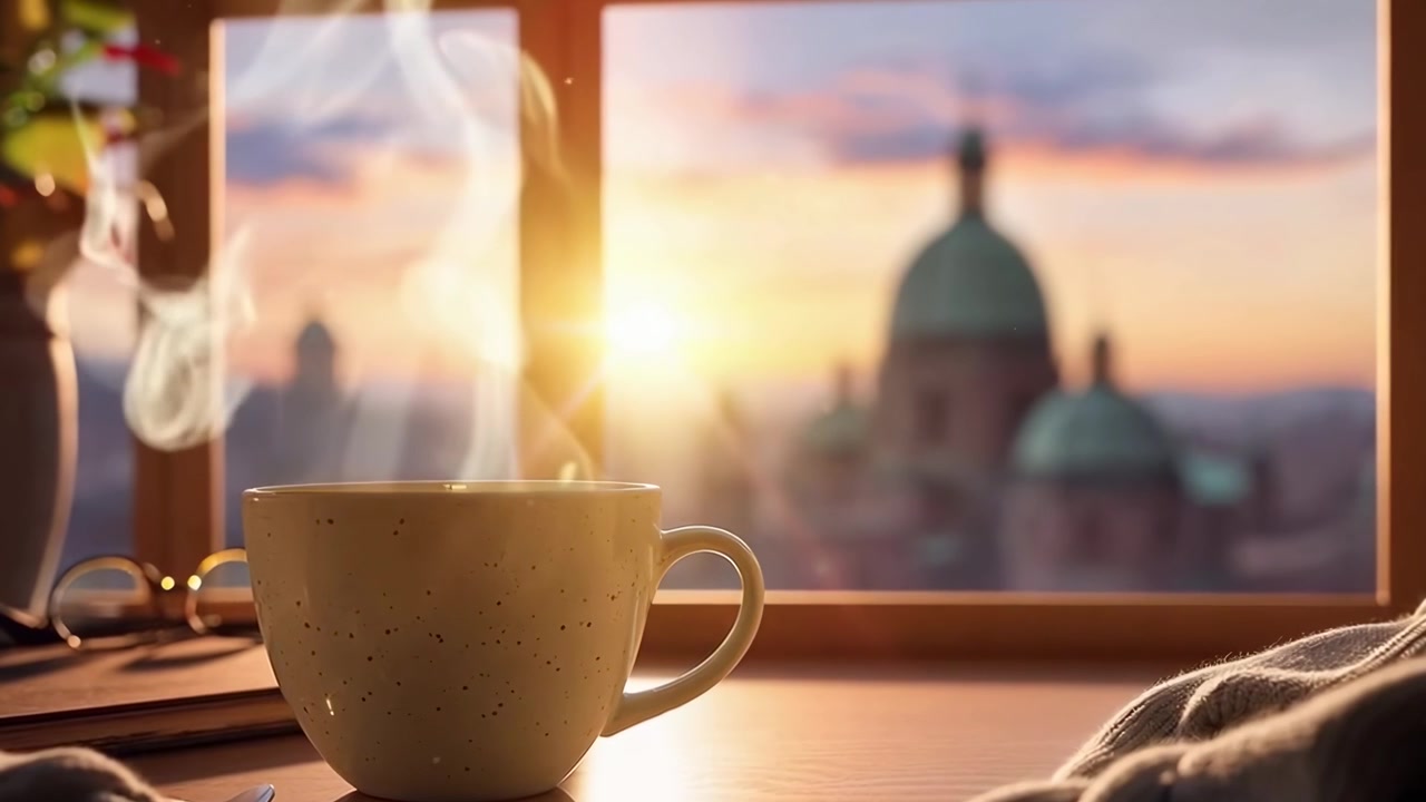Dampfende Tasse Kaffee am Fenster bei Sonnenuntergang