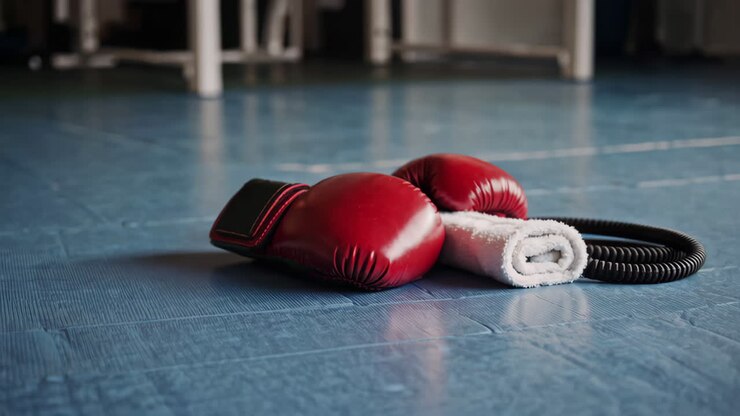 Guanti da boxe e asciugamano in una palestra