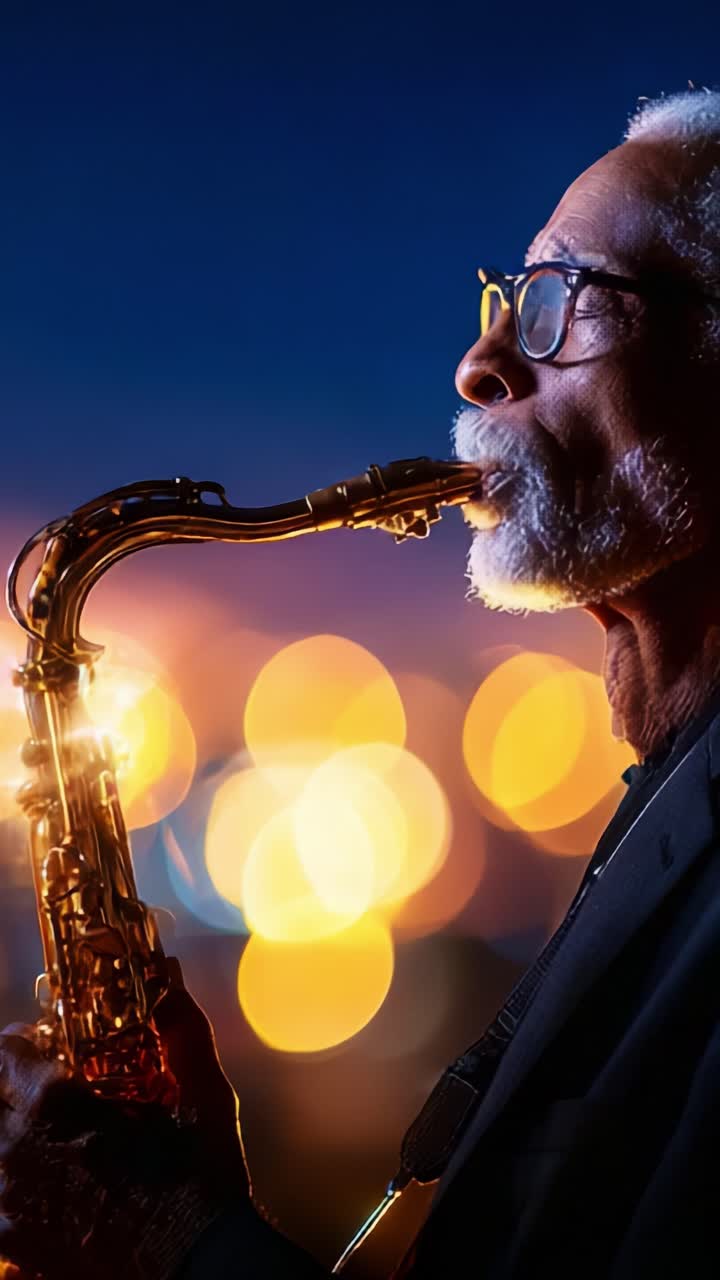 Un sassofonista appassionato immortalato in silhouette sullo sfondo di uno skyline serale abbagliante, che evoca l'anima del jazz con ogni nota in un ambiente illuminato dalle luci della città