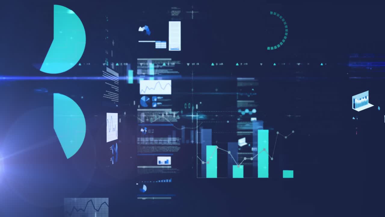 animación de pantallas con procesamiento de datos estadísticos contra puntos de luz sobre fondo azul.