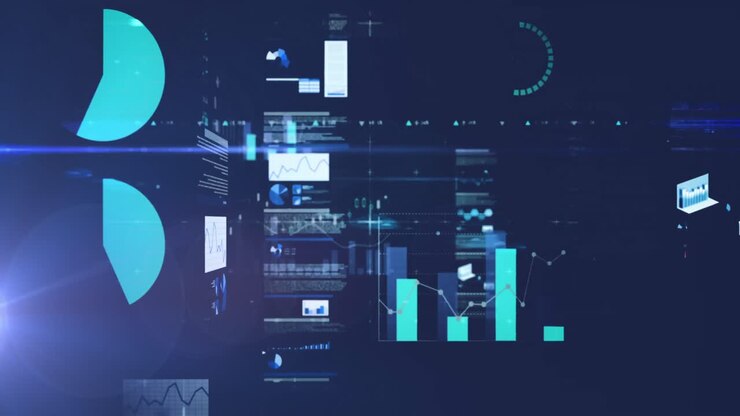 Animasjon av skjermer med statistisk databehandling mot lysflekker på blå bakgrunn