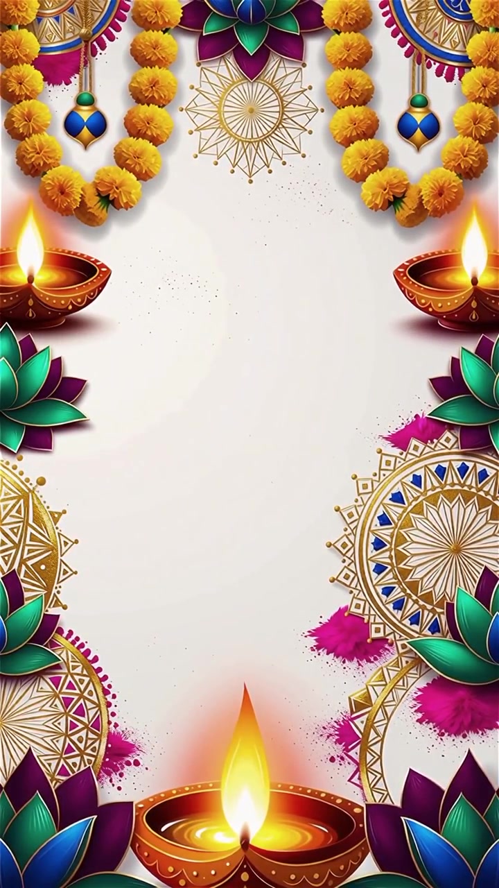 Sfondo Diwali con Diyas luminosi, Rangoli e fiori di loto