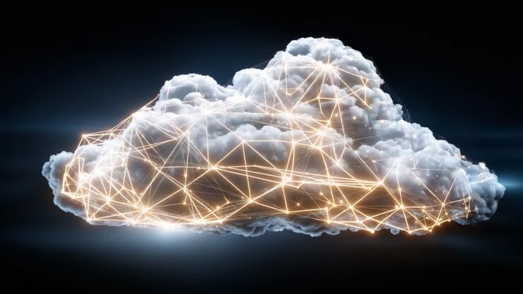 A Stunning Visualization of a Cloud Magnified with Intricate Networks and Illuminated Lights, Creating a Fusion of Nature and Technology