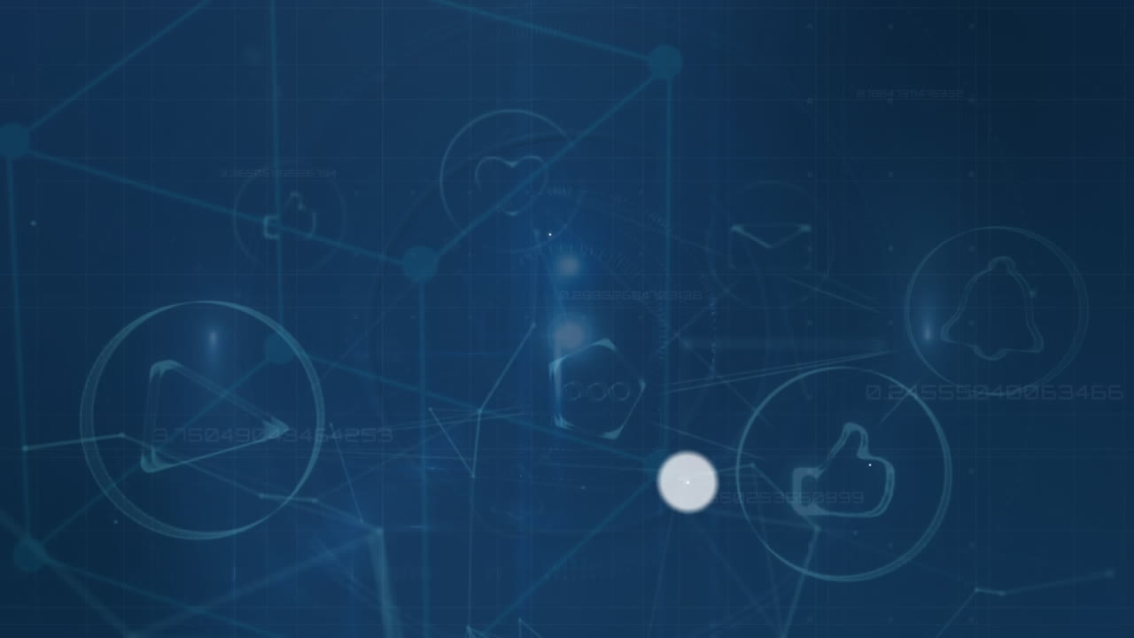 파란색 배경에 데이터 처리를 가진 스크린에 대한 디지털 아이콘 네트워크의 애니메이션