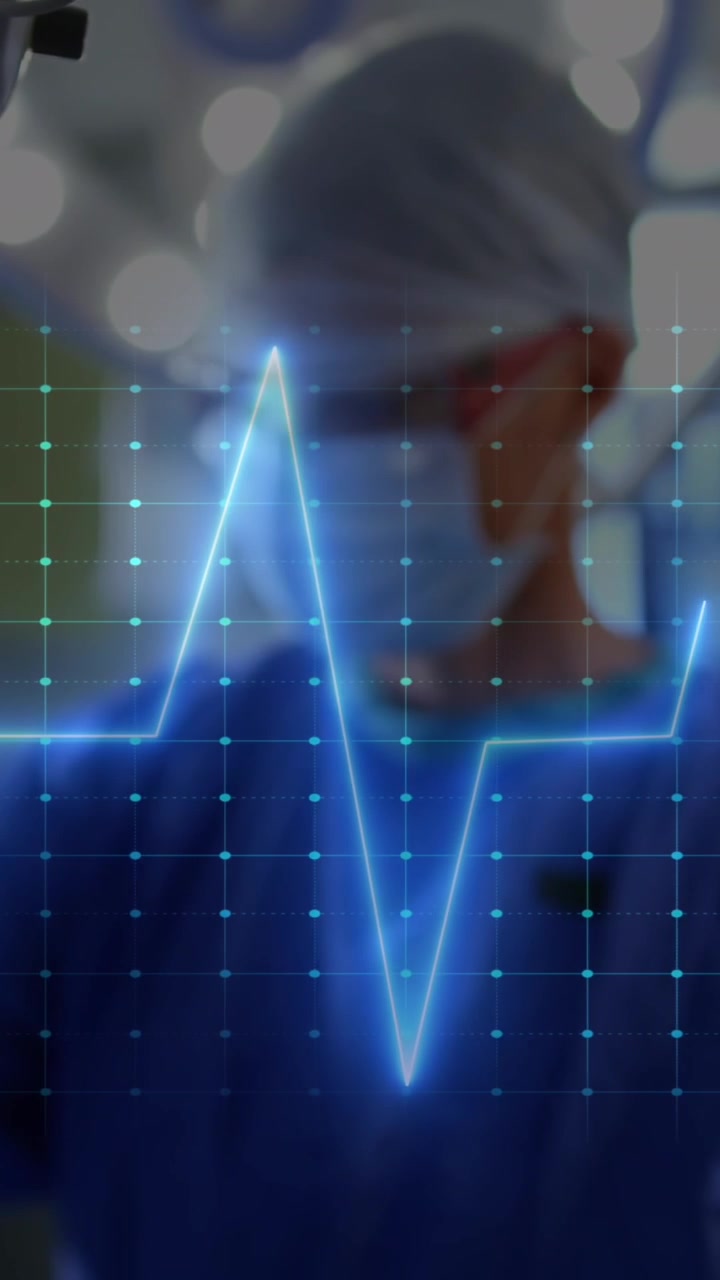 Animazione di un monitor cardiaco su un team eterogeneo di chirurghi che esegue un'operazione in ospedale.