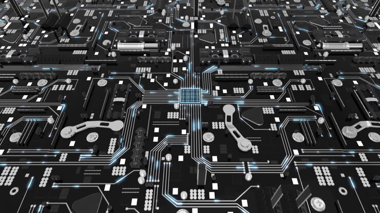 Scheda madre futuristica, concetto di sorveglianza, loop 4K.