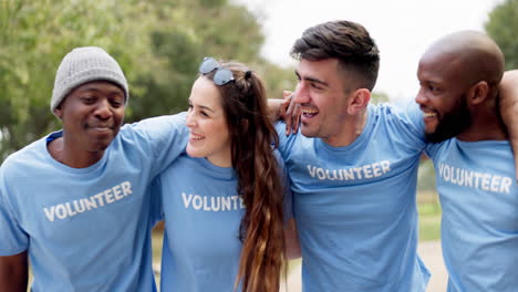 happy group, volunteer and walking in huddle