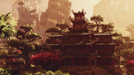 mountain temple in a serene landscape surrounded by lush greenery