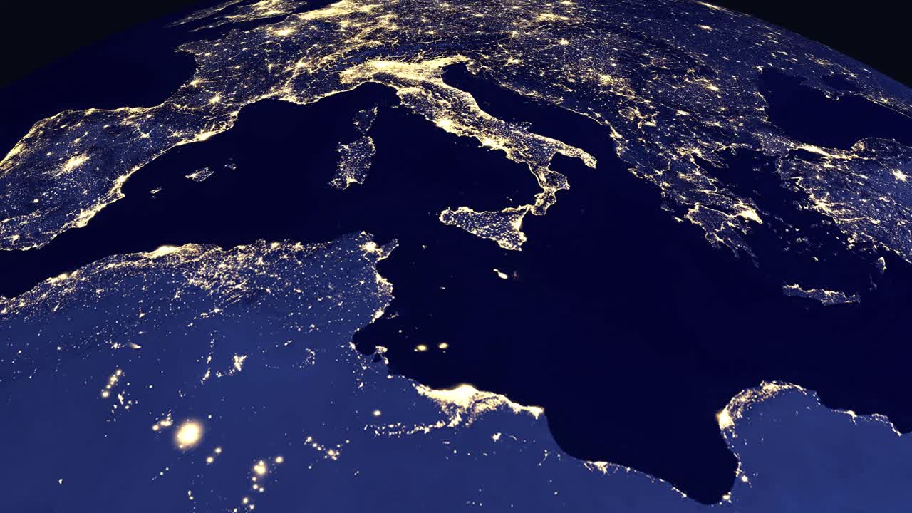 Digital animation zooms from deep space to illuminated night city lights of Tunis, Tunisia