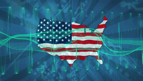 map of united states with flag design over digital data processing animation
