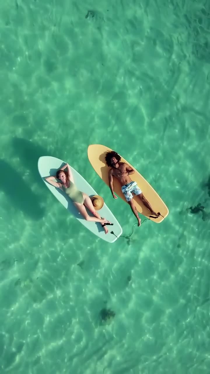 Video aereo di due persone che si rilassano su paddleboard in acqua limpida, vista dall'alto