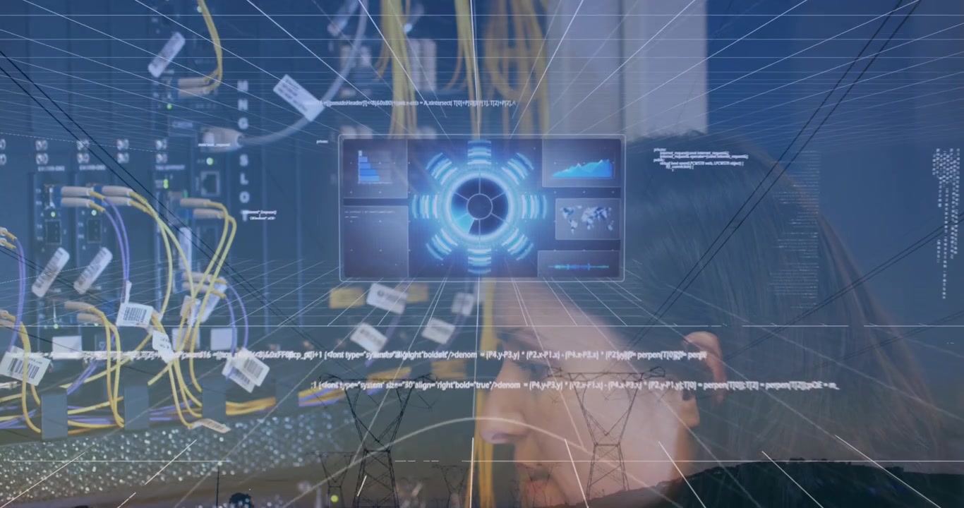 Digital Data Visualization Overlaid on Server Room and IT Professional