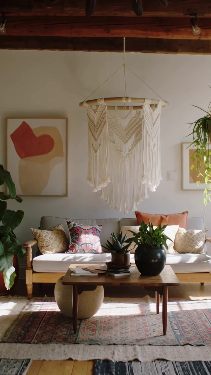 Video vertical: Cámara panorámica revelando la decoración encima de una viñeta de sofá de madera en casa, macramé moviéndose