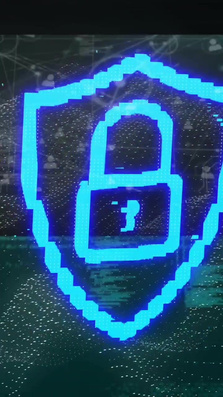 Animation of glowing blue lock icon over digital network and data visualization