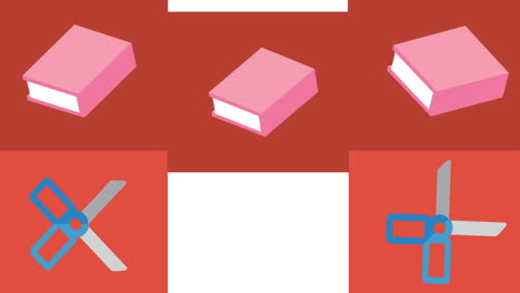 animation of red rectangles with scissors and pink books moving on white background