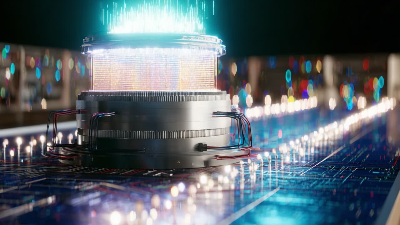 Quantum computer core processing data on a motherboard with glowing circuits and emitting a powerful beam of light, visualizing the advanced calculations of artificial intelligence