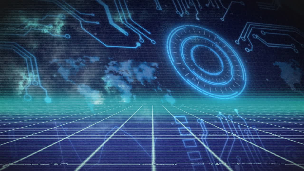 Glowing grid and circuit patterns in blue tones creating futuristic animation