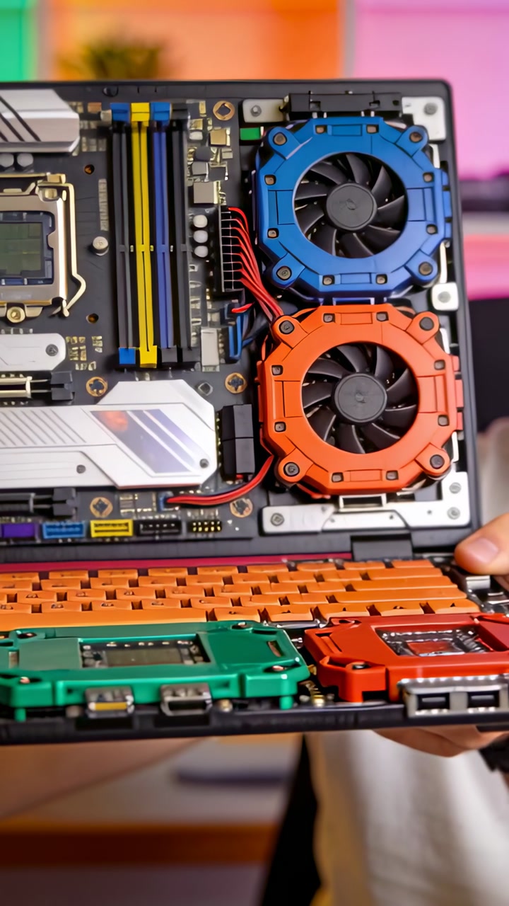 Vertical video: Entering hands with watch tilting laptop in studio showing blue orange fans to demo