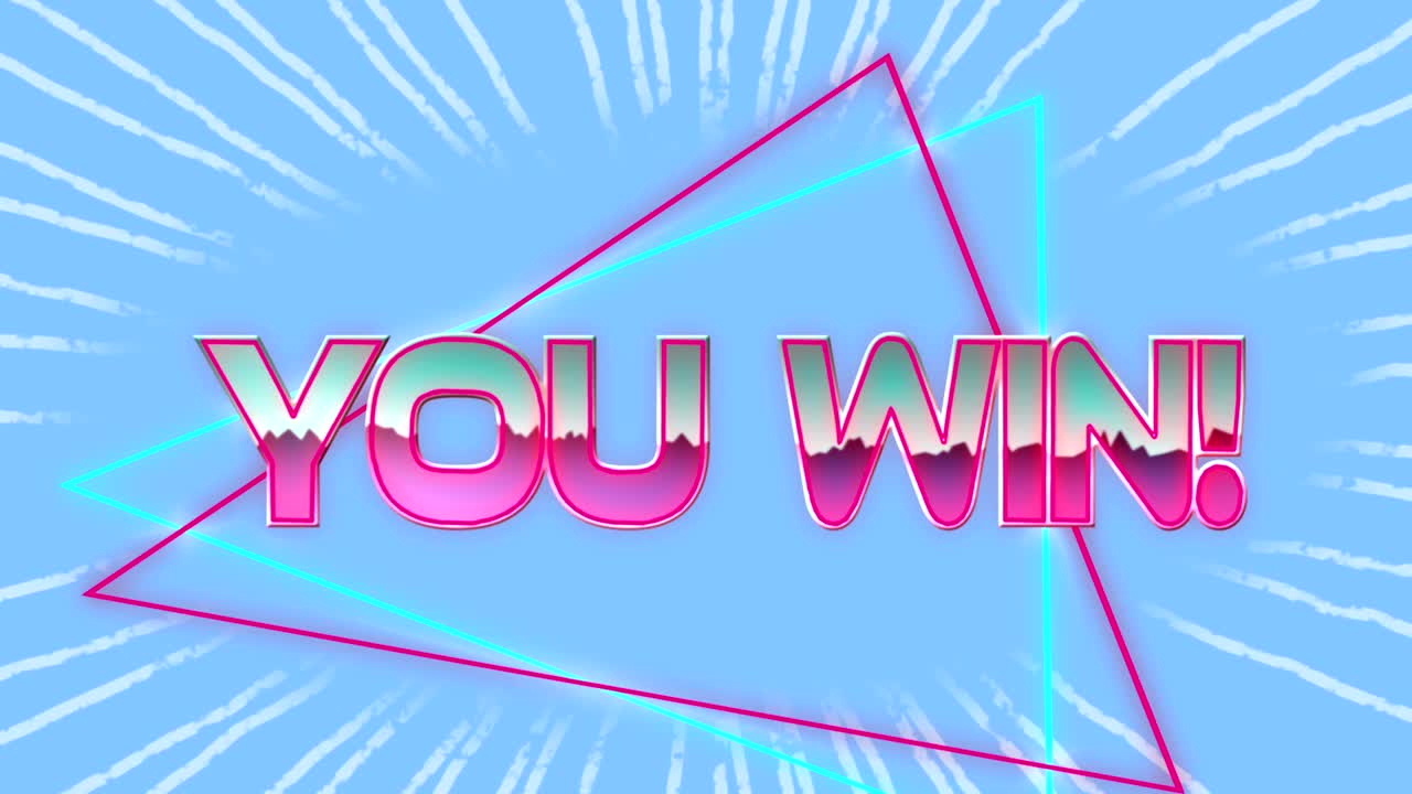 파란색 배경에 네온 삼각형으로 분홍색과 파란색으로 쓰여진 승리의 애니메이션