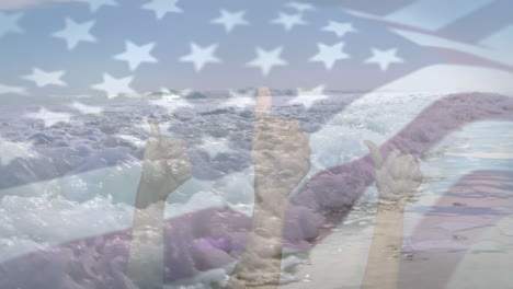 animation of flag of usa blowing over okay hands on waves in sea