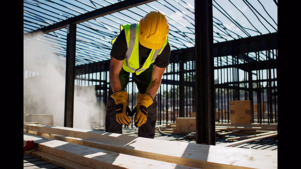Construction Worker Laying Lumber at a Construction Site