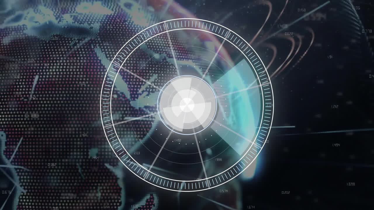 animación de un escáner circular que procesa datos sobre un globo brillante sobre un fondo negro