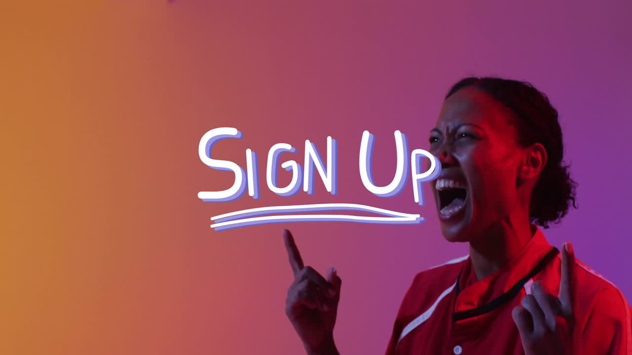 Pointing excitedly, person in red shirt with Sign Up animation overlay