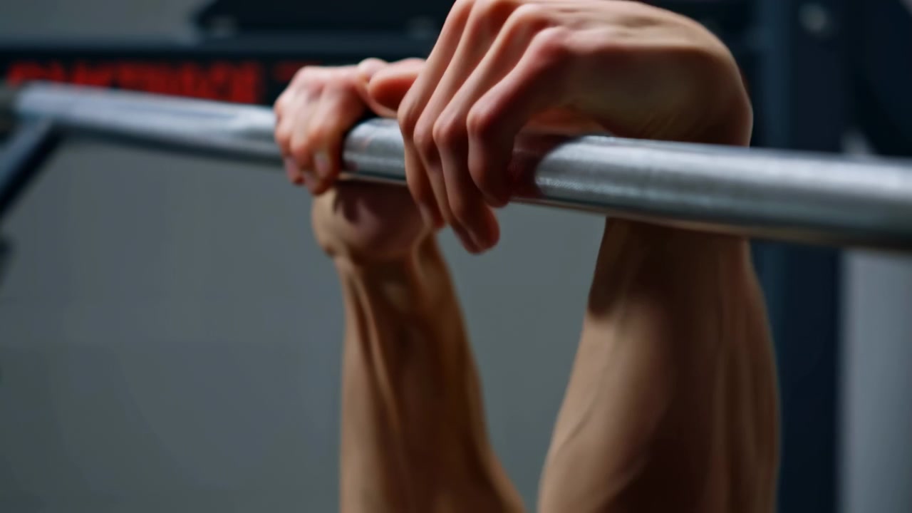 Hænder griber metalstang over hovedet, nærbillede af underarme og årer, mens mandlig atlet udfører en pull-up gentagelse.